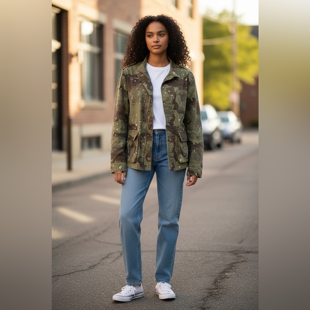 Better Be Vintage Army Green‎ Brown Camo Jacket Lg Women Long Sleeve Casual Fall